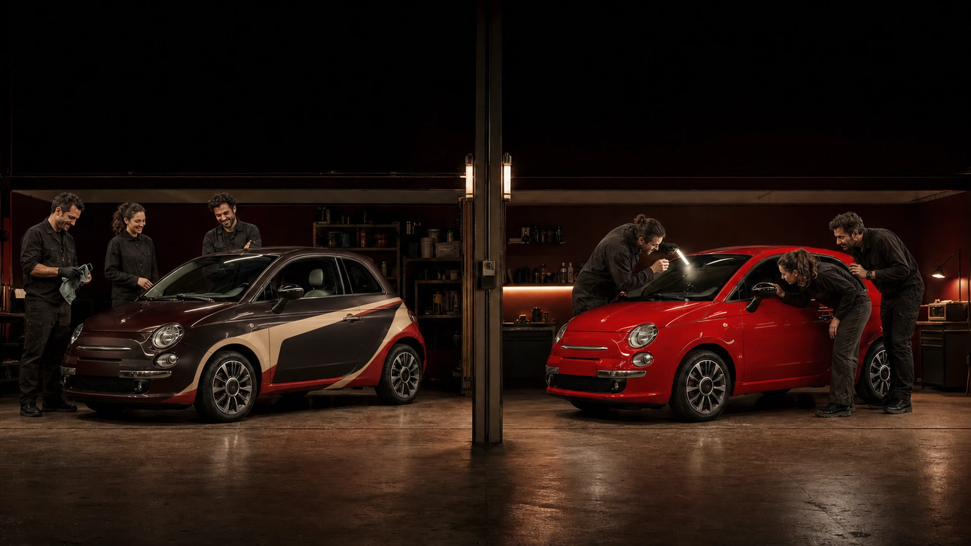 Три мастера рядом с Fiat 500 в фирменной оклейке TINTOBRO